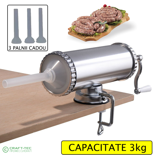 Aparat orizontal de facut (umplut) carnati Craft Tec, 3 kg, inox, 3 palnii incluse, prindere ventuza