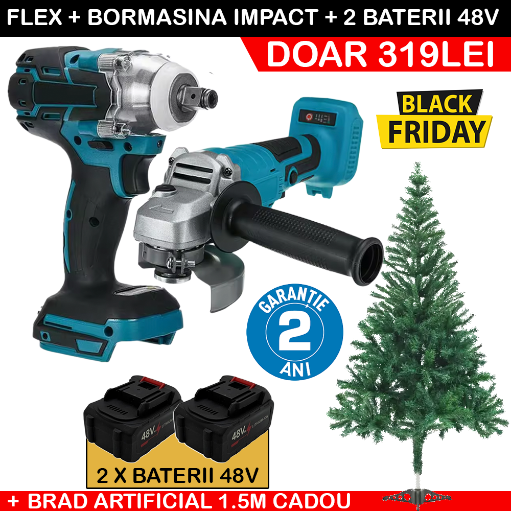 BLACK FRIDAY 2025: Cheie de impact + Flex cu acumulatori 48V + Brăduț Artificial 1.5m CADOU