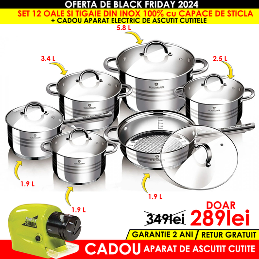 Set oale si tigaie inox 12 piese cu capace de sticla + CADOU aparat de ascutit cutite