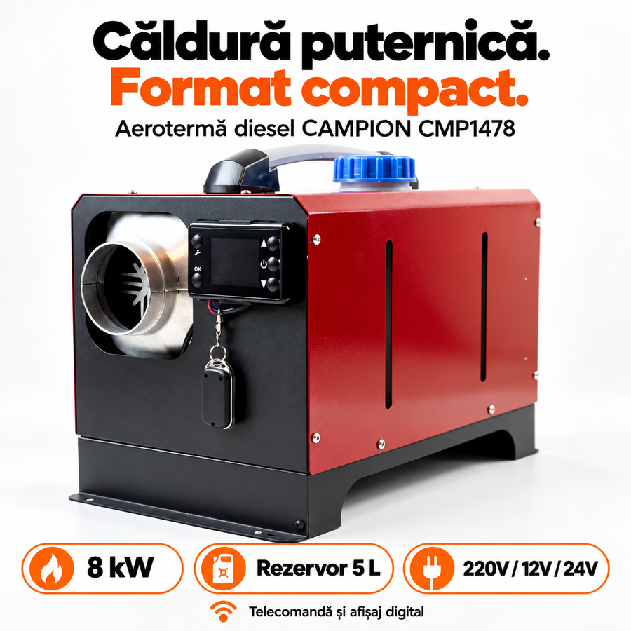 Aerotermă pe motorină CAMPION CMP1478, 8 kW, până la 80 m², 220V/12V/24V, rezervor 5 L, telecomandă