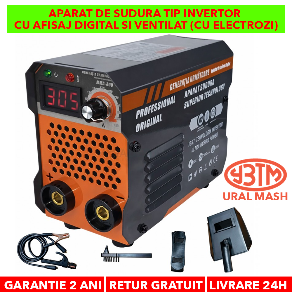 Aparat invertor de Sudura 300A, 1.6-5mm, CABLU electrod 3M , 3kg, IP21S, 220V, URAL MMA300