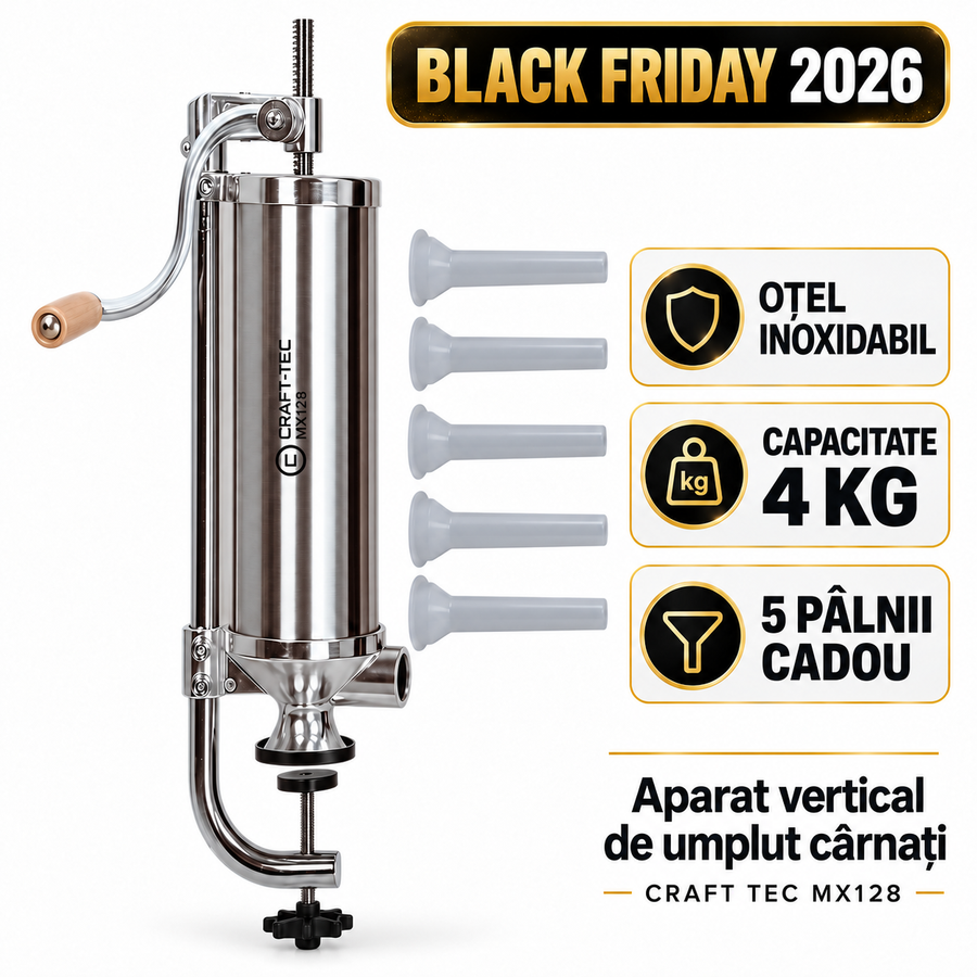 Aparat vertical de facut (umplut) carnati Craft Tec, 4 kg, inox, 5 palnii incluse, prindere menghina