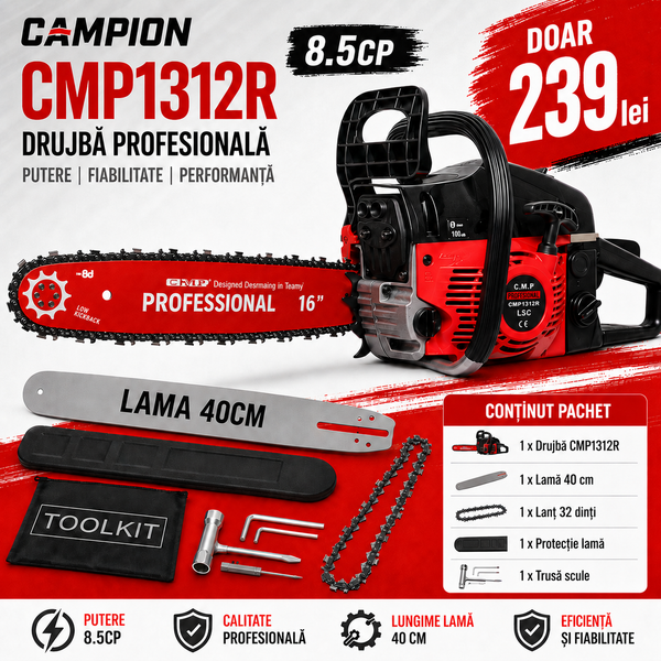 Drujba CAMPION cu putere de 8.5CP, motor 58cc, 10.000 RPM, lama 400mm, Easy Start NEW Generation CMP1312R
