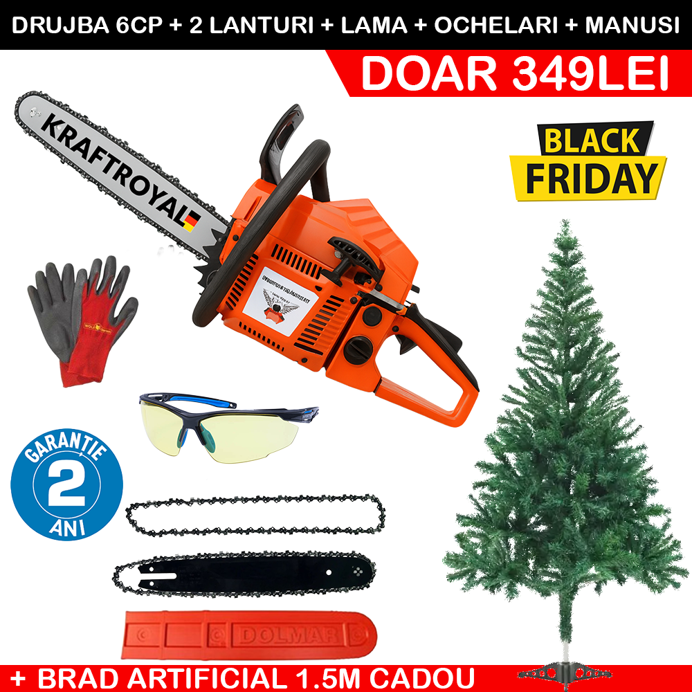 BLACK FRIDAY: Drujbă KraftRoyal 68cc, 6CP + 2 Lanțuri + Lamă + Mănuși + Ochelari + Trusă Scule + Brad Artificial 1.5m CADOU