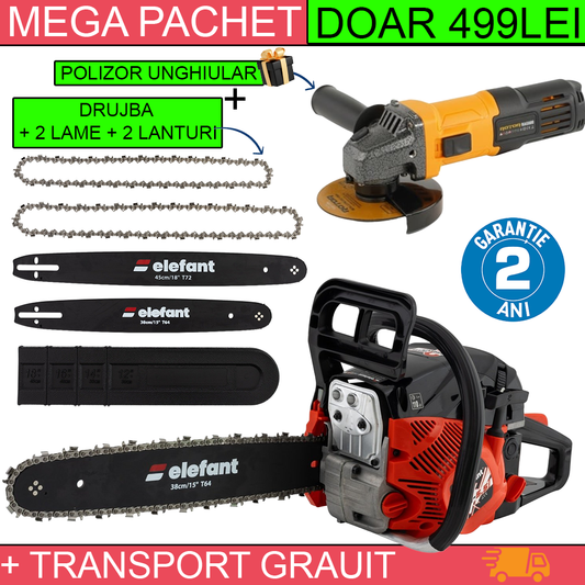MEGA Pachet: Drujba pe benzina ELEFANT EM-5.5 + Polizor unghiular ROTOR RAG600 de 600 W