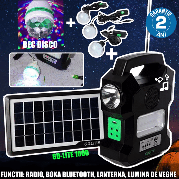Kit solar GD-1000 cu 3 becuri, bec disco, panou solar si lanterna cu radio si incarcare telefon USB