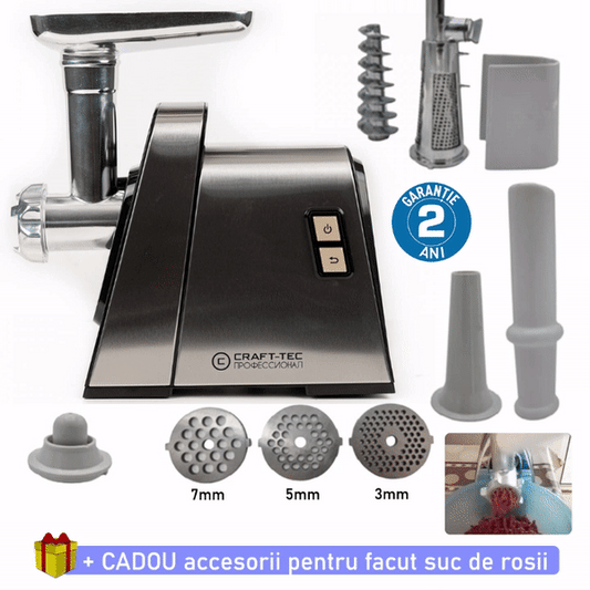 Masina electrica de tocat carne Craft-Tec, 3500W, 3 site + CADOU accesorii pentru suc de rosii