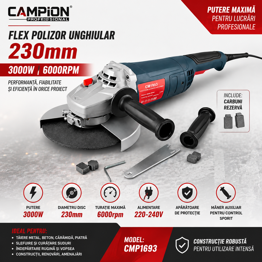 Flex Polizor Unghiular Campion PROFESSIONAL CMP1693, 230mm, 3000W, 6000 RPM, cu Cărbuni de Rezervă