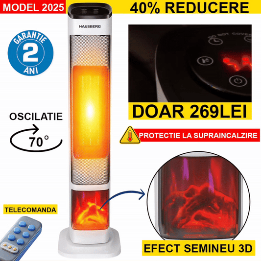Șemineu Electric cu Flacără 3D și Încălzire Rapidă PTC – HAUSBERG HB-8219AB, 2000W, Afișaj LED + Telecomandă, Negru