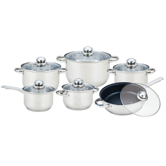 Set 12 piese , 6 vase din inox,compatibile cu plita cu inductie, cu capace din sticla, Grunberg GR15131