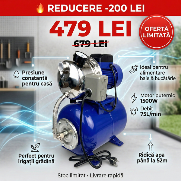 Hidrofor apa 24L design by Zenith Italy, AUTOJS100, pompa 1.5 Kw, 75 l/min, inaltime refulare 52m