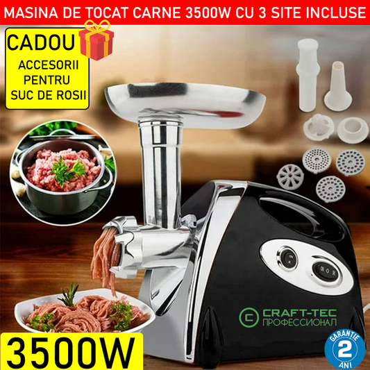Masina electrica de tocat carne Craft-Tec, 3500W, 3 site + CADOU accesorii pentru suc de rosii
