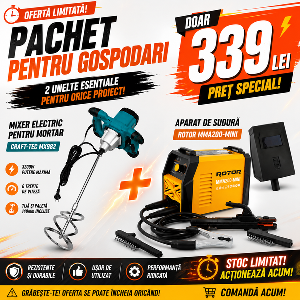 MEGA PACHET: Mixer Electric pentru Mortar de 3200W + Aparat de Sudura MMA200-MINI ROTOR + Masca de Sudura