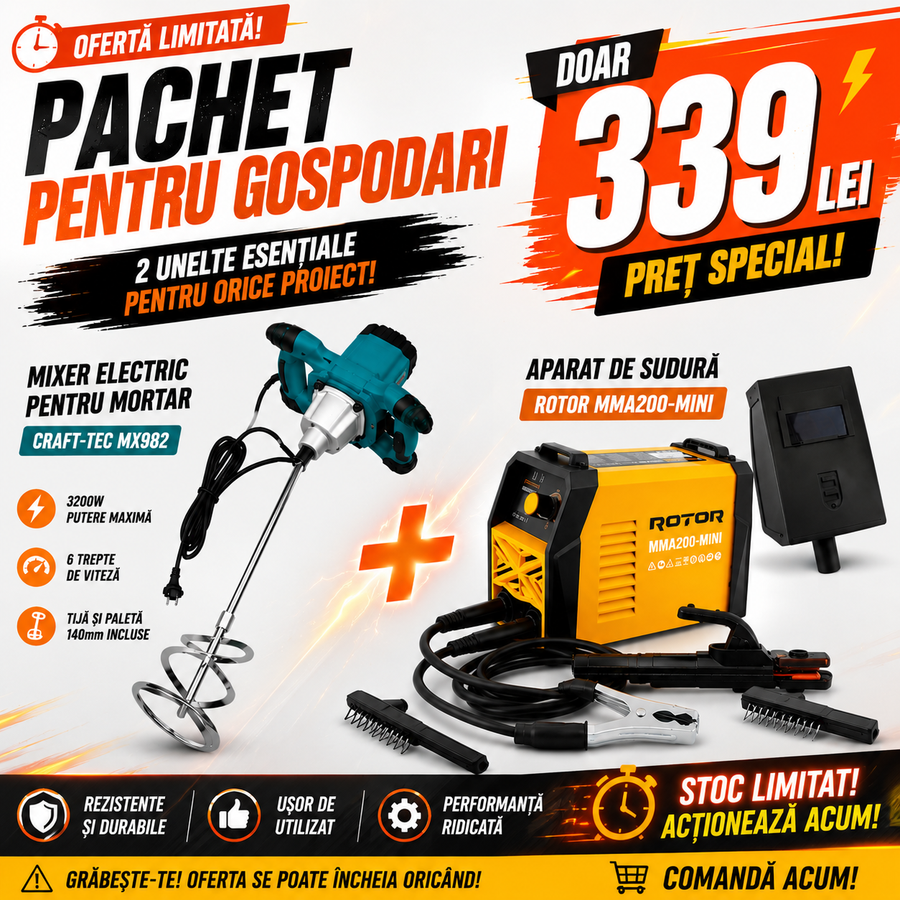 MEGA PACHET: Mixer Electric pentru Mortar de 3200W + Aparat de Sudura MMA200-MINI ROTOR + Masca de Sudura