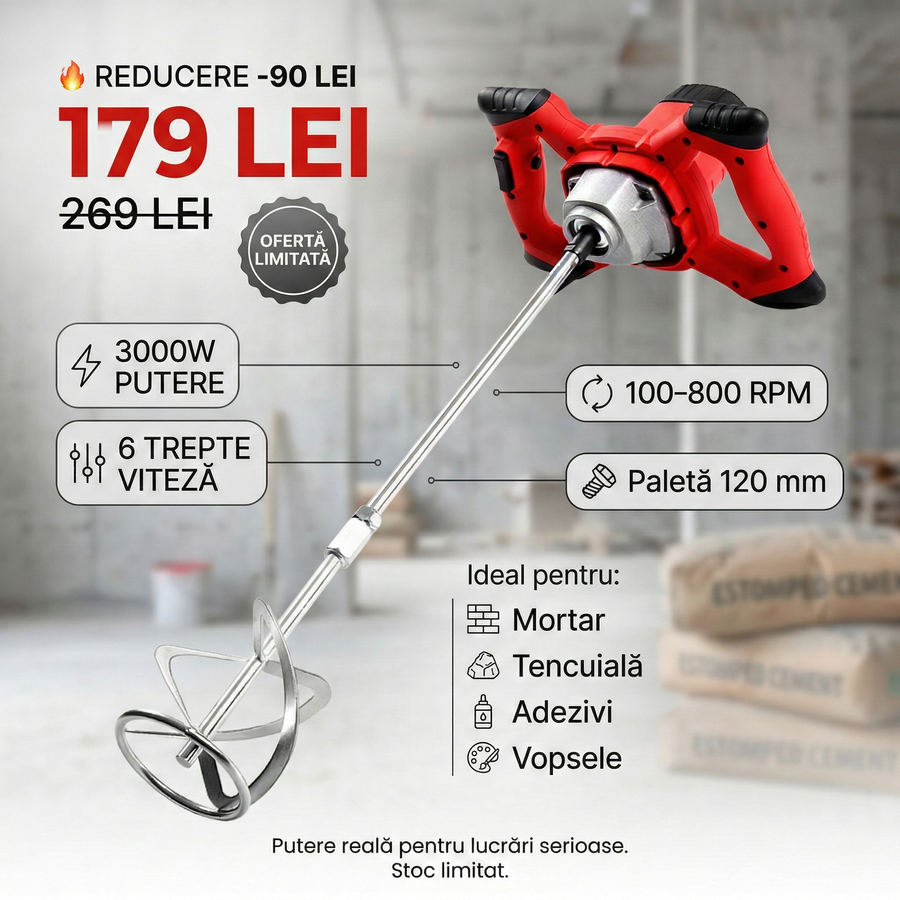 Amestecator / Mixer electric 3000W, 6 trepte viteza, 800rpm, 120mm, beton, mortar Campion CMP6205