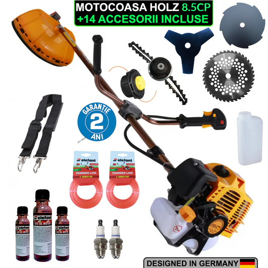 Pachet PROMO: Motocoasa pe benzina HOLZ Germany cu 14 ACCESORII incluse de 8.5CP, 10000 RONm 58cc