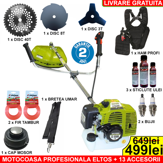 Pachet PROMO: Motocoasa pe benzina ELTOS EL5500 cu 13 ACCESORII incluse de 4,7cp (5500W), 10.000 ROT/MIN