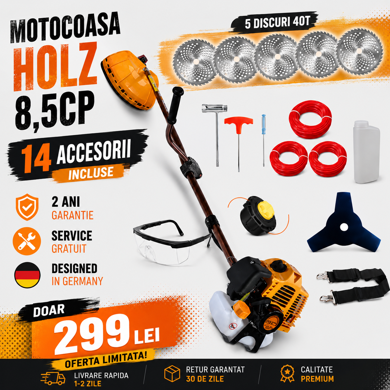 Motocoasa pe benzina HOLZ Germany cu 14 ACCESORII incluse de 8.5CP, 10000 RONm 58cc