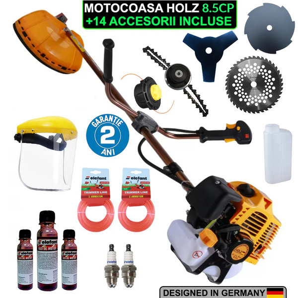Pachet PROMO: Motocoasa pe benzina HOLZ Germany cu 14 ACCESORII incluse de 8.5CP, 10000 RONm 58cc