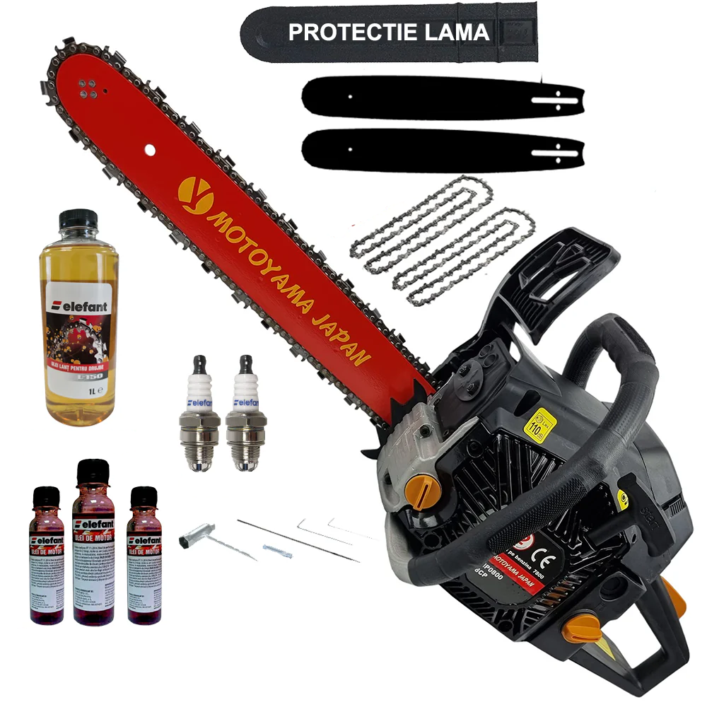 Pachet PROMO: Drujba pe benzina Motoyama Japan 8.5CP + 2 lame + 2 lanturi + 2 bujii + 1 sticla ulei lant + 1 sticla ulei amestec