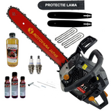Pachet PROMO: Drujba pe benzina Motoyama Japan 8.5CP + 2 lame + 2 lanturi + 2 bujii + 1 sticla ulei lant + 1 sticla ulei amestec