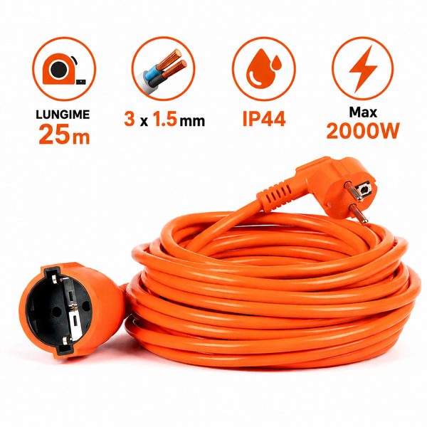 Prelungitor Electric 25m, 3 x 1.5 mm², IP44, Max. 2000W, Portocaliu, Cuplă + Fișă cu Împământare