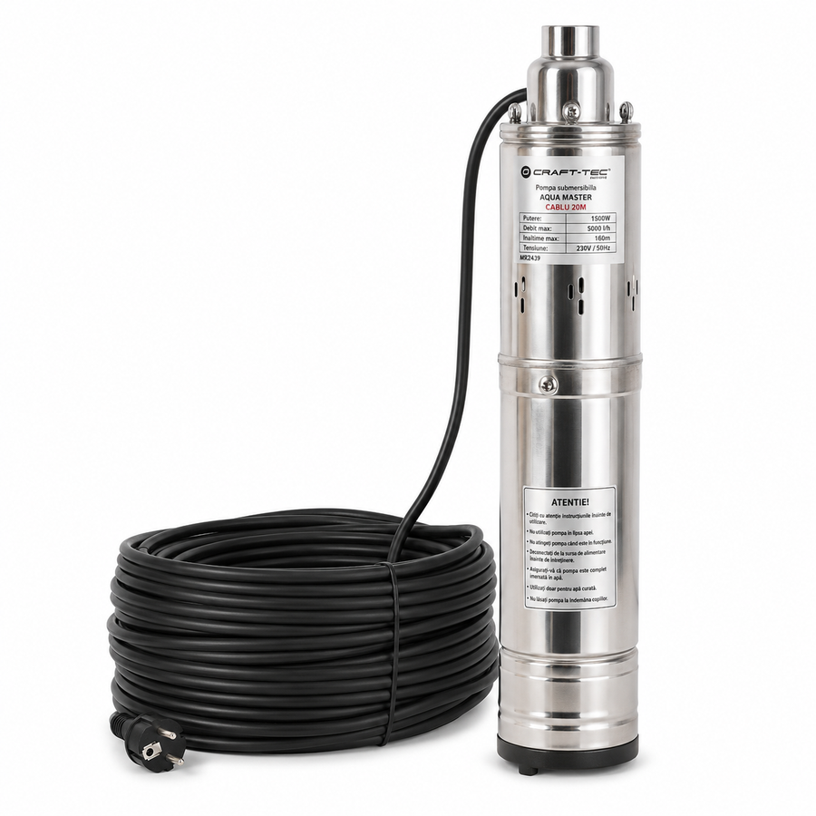 Pompa Apa Submersibila Craft-tec Aqua Master CABLU 20M, 1500W, FARA PLUTITOR, 4QGD, 160m inaltime, 5000l/h, IP68 MX2439