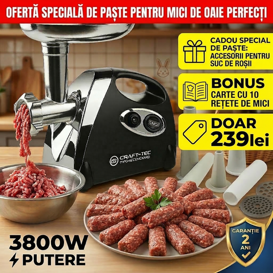 Masina electrica de tocat carne Craft-Tec, 3800W, 3 site + CADOU accesorii pentru suc de rosii