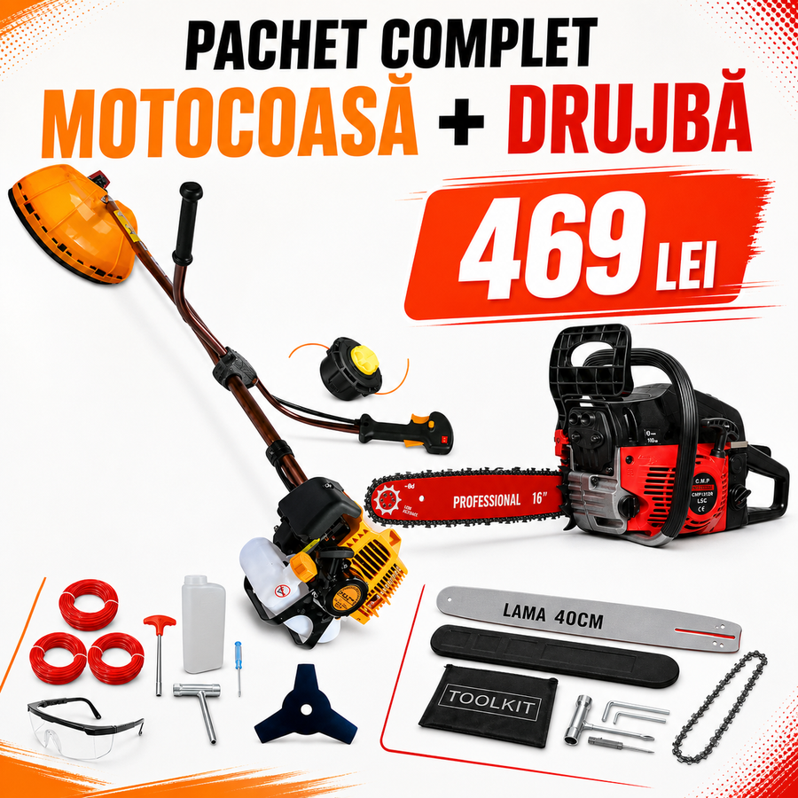 Pachet PROMO: Motocoasa pe benzina HOLZ Germany 8,5CP + Drujba CAMPION cu putere de 8.5CP + 13 ACCESORII