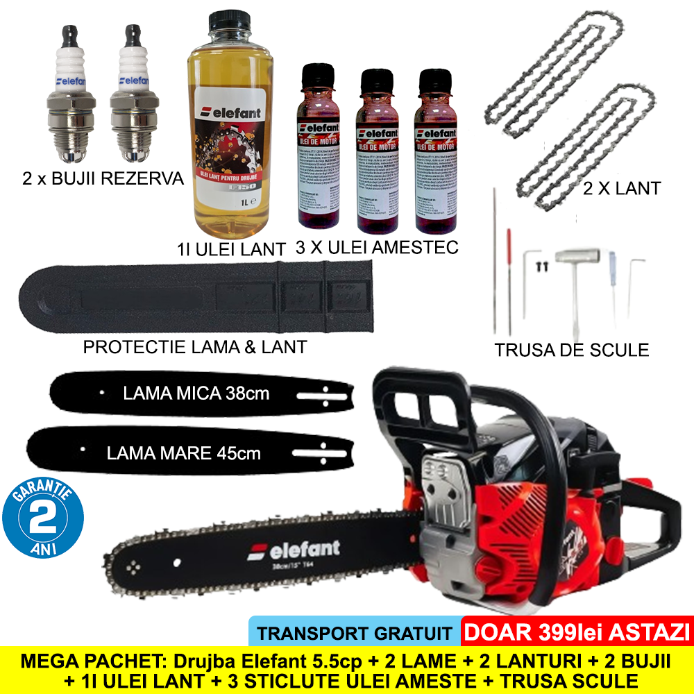 Pachet PROMO: Drujba pe benzina ELEFANT 5.5cp + 2 lame + 2 lanturi + 2 bujii + ulei lant + 3 sticlute ulei amestec