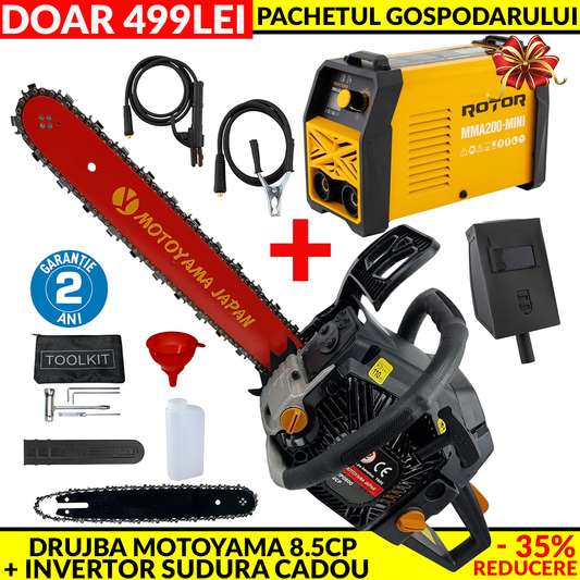 MEGA Pachet: Drujba pe Benzina Motoyama Japan 8.5CP + Invertor de Sudura LCD Color Rotor MMA200-MIN