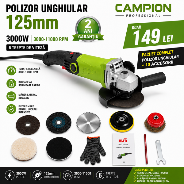 Polizor Unghiular Campion 125mm, 3000W, Turație Reglabilă + 10 Accesorii – CMP1161V