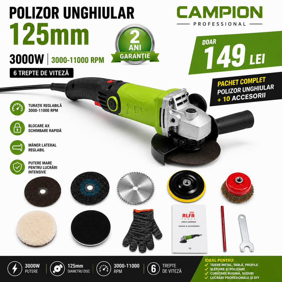 Polizor Unghiular Campion 125mm, 3000W, Turație Reglabilă + 10 Accesorii – CMP1161V