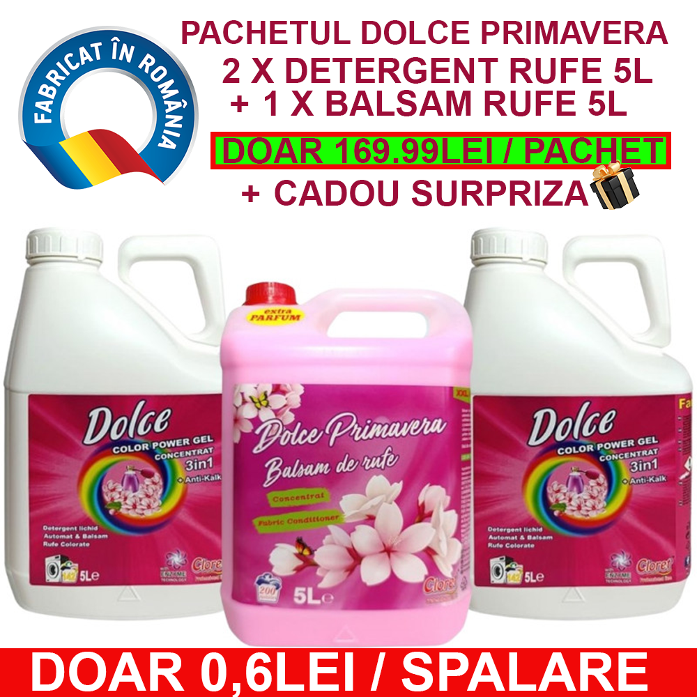 Pachet DOLCE PRIMAVERA: 2 x Detergent Rufe Albe & Colorate de 5 litri + 1 x Balsam Rufe de 5 litri