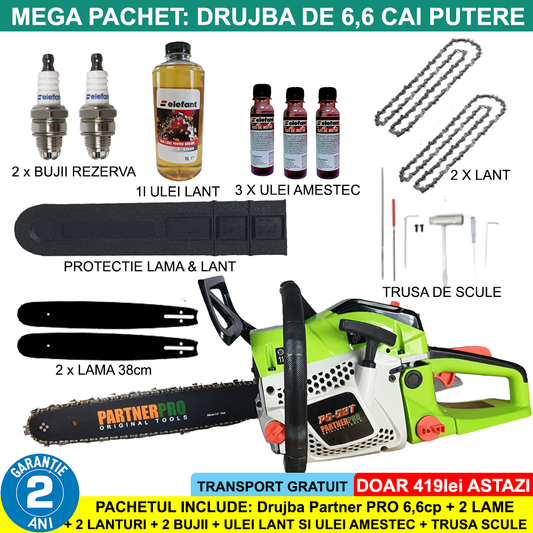 Pachet PROMO: Drujba pe benzina PartnerPRO 6.6cp + 2 lame + 2 lanturi + 2 bujii + ulei lant + 3 sticlute ulei amestec