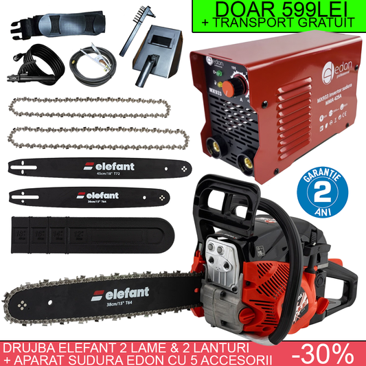 MEGA Pachet: Drujba pe benzina ELEFANT EM-5.5 + Invertor de Sudura Edon MMA 425A diametru electrod 1.6 - 5 mm