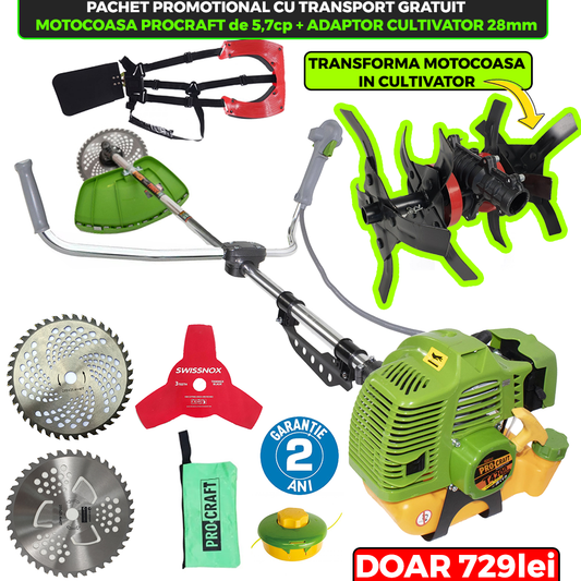 Pachet PROMO: Motocoasa pe benzina ProCraft T4200 PRO de 5,7CP + ADAPTOR CULTIVATOR