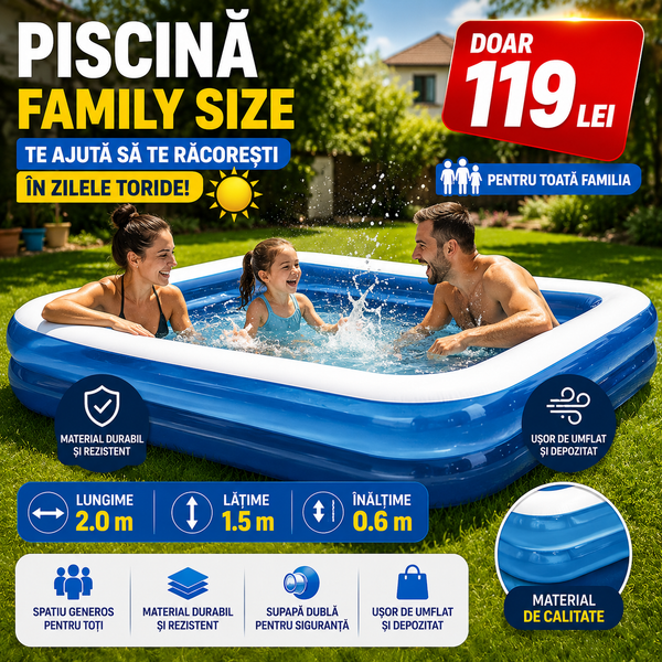 Piscină gonflabilă Family Size – 197 × 143 × 49 cm | Capacitate 425 L
