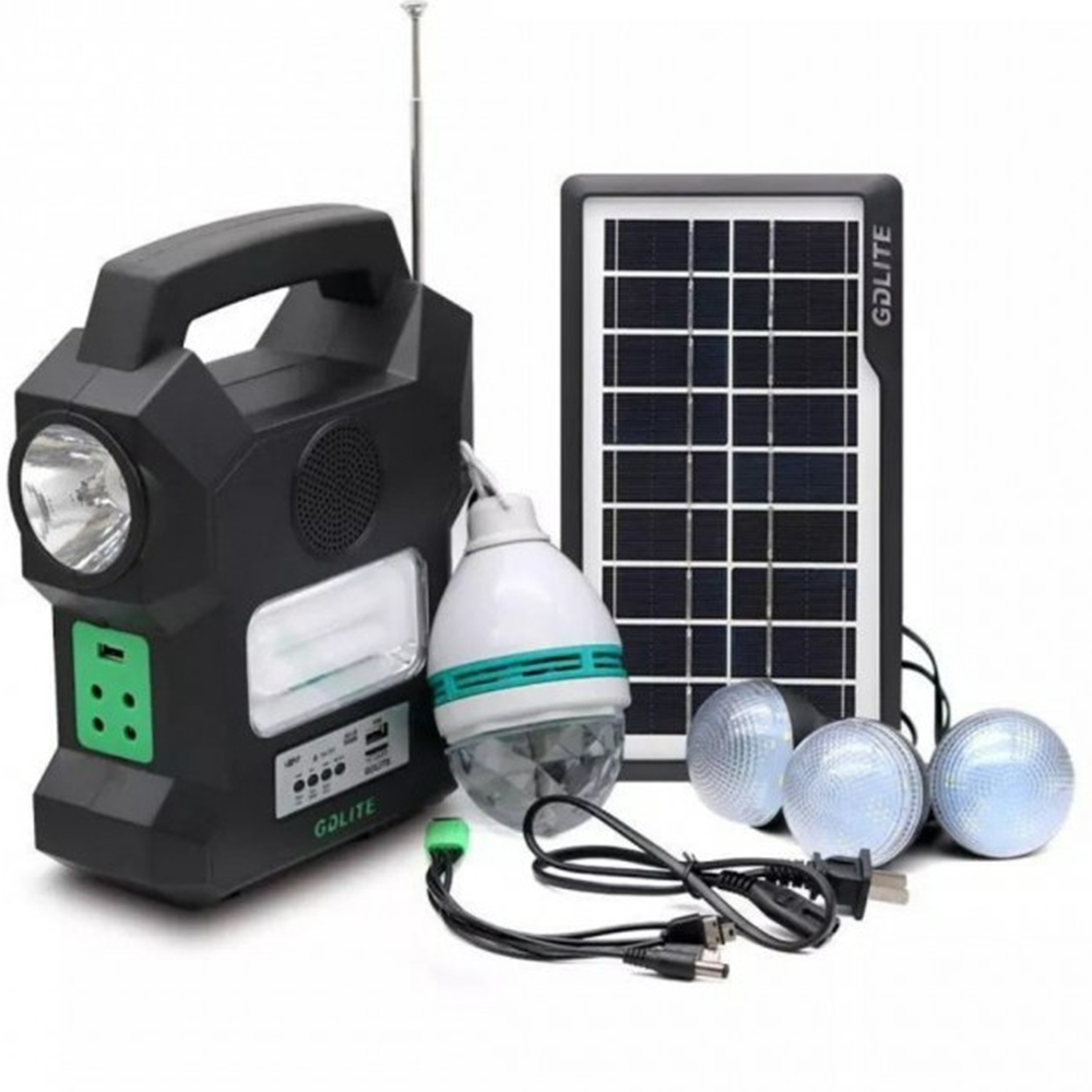 Kit solar GD-1000 cu 3 becuri, bec disco, panou solar si lanterna cu radio si incarcare telefon USB