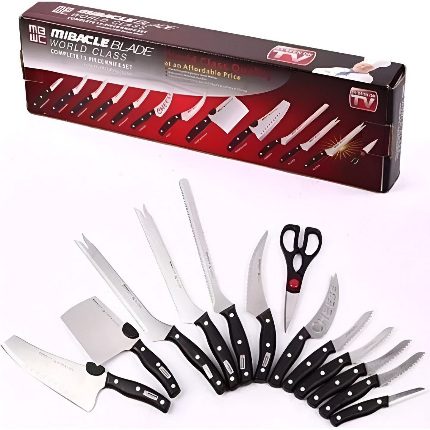 Set oale si tigaie inox 12 piese cu capace de sticla si maner imitatie lemn + CADOU set 13 cutite Miracle Blade