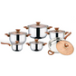 Set oale si tigaie inox 12 piese cu capace de sticla si maner imitatie lemn + CADOU aparat de ascutit cutite