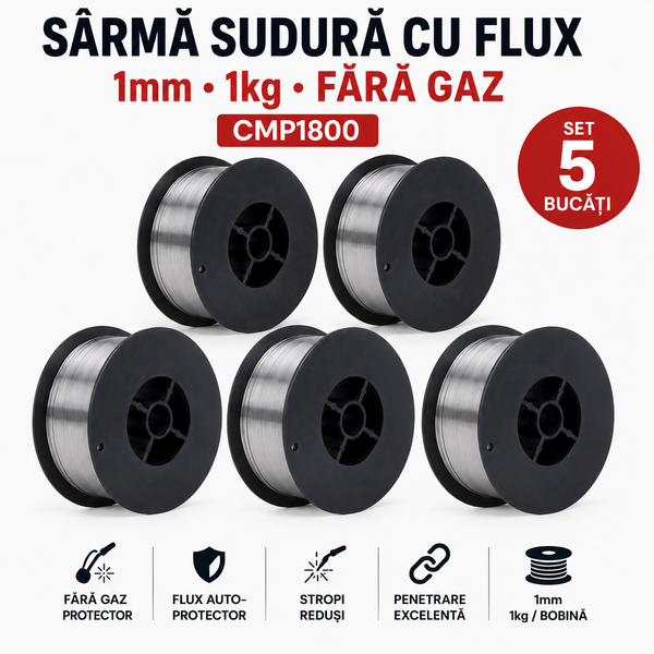 SET 5 x Sârmă Sudură cu Flux 1 mm, 1 kg, Fără Gaz, pentru Aparate MIG/MAG – CMP1800