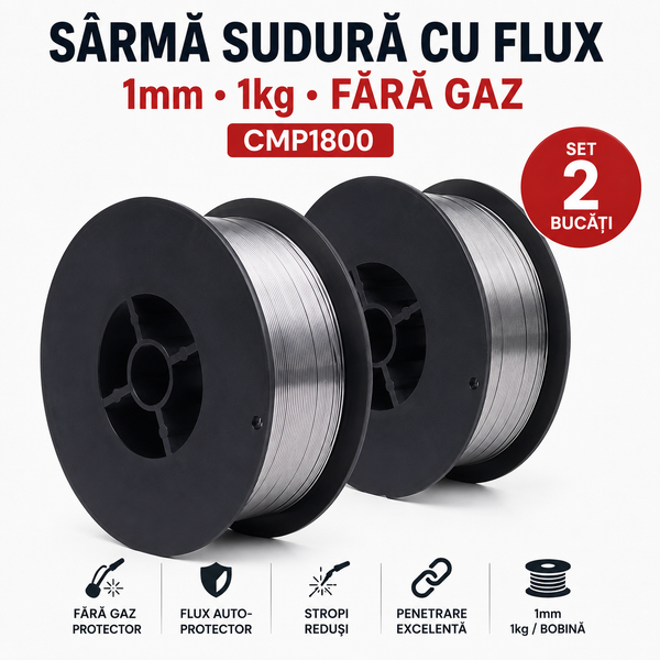 SET 2 x Sârmă Sudură cu Flux 1 mm, 1 kg, Fără Gaz, pentru Aparate MIG/MAG – CMP1800