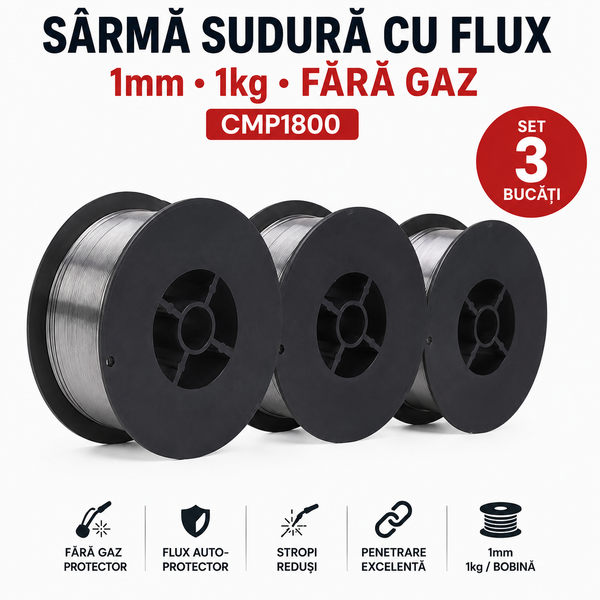 SET 3 x Sârmă Sudură cu Flux 1 mm, 1 kg, Fără Gaz, pentru Aparate MIG/MAG – CMP1800