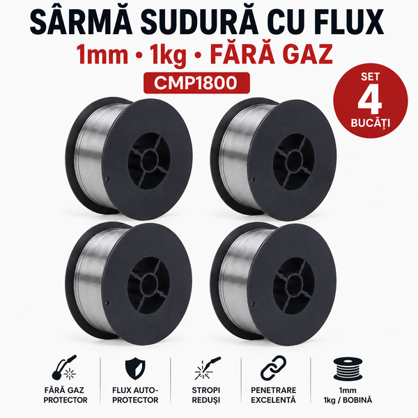 SET 4 x Sârmă Sudură cu Flux 1 mm, 1 kg, Fără Gaz, pentru Aparate MIG/MAG – CMP1800