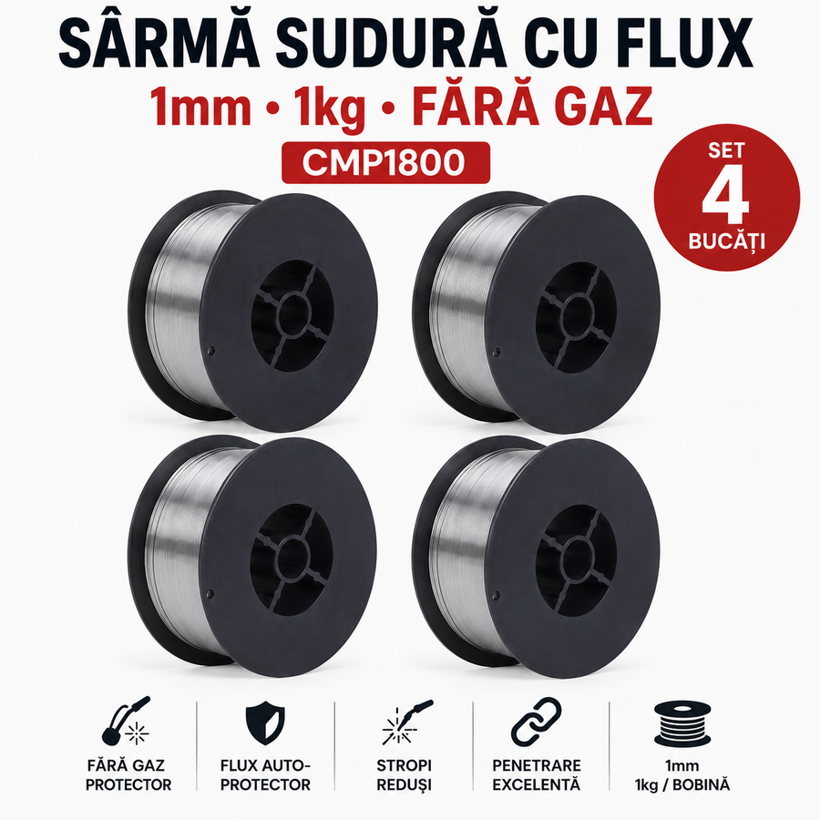 SET 4 x Sârmă Sudură cu Flux 1 mm, 1 kg, Fără Gaz, pentru Aparate MIG/MAG – CMP1800