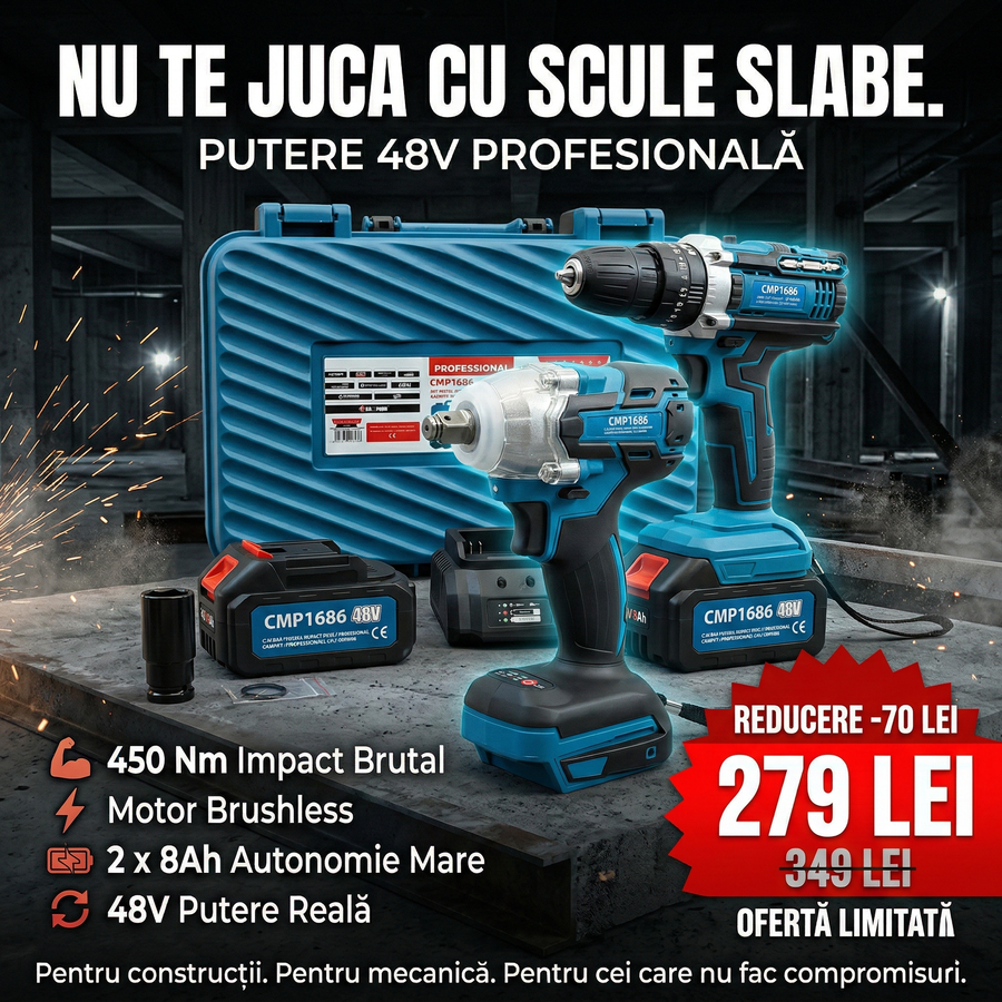 Set Bormasina gaurit si insurubat + Pistol cu impact 450nm, 48V, 8Ah , cu 2 acumulatori si valiza transport CAMPION PROFESSIONAL CMP1686