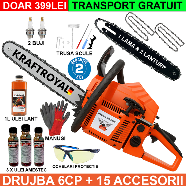 MEGA PACHET: Drujba KraftRoyal de 68cc si 6CP + 2 lanțuri + lama + 3 x ulei amestec + ulei lanț + 2 bujii + mănuși + ochelari + trusa scule