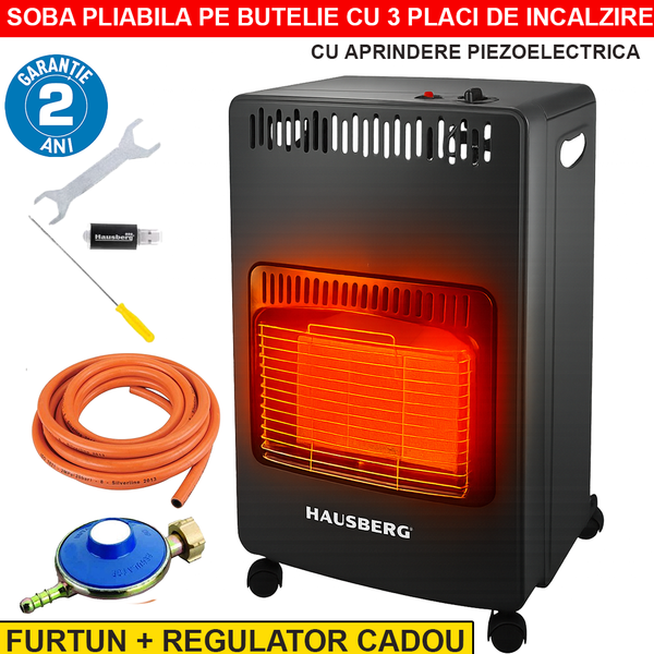 Soba GPL Hausberg 4.2 kW cu 3 plăci ceramice, aprindere piezo & oprire automată – Model HB-1021NG, Negru