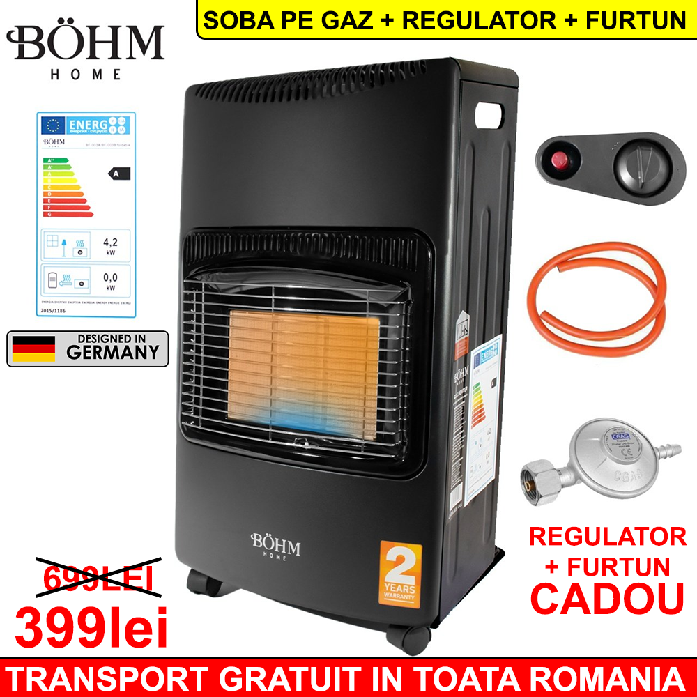 Pachet PROMO: Soba pe gaz pliabila BOHM de 4,20 KW cu 3 trepte de putere + CADOU Regulator GPL si Furtul GPL